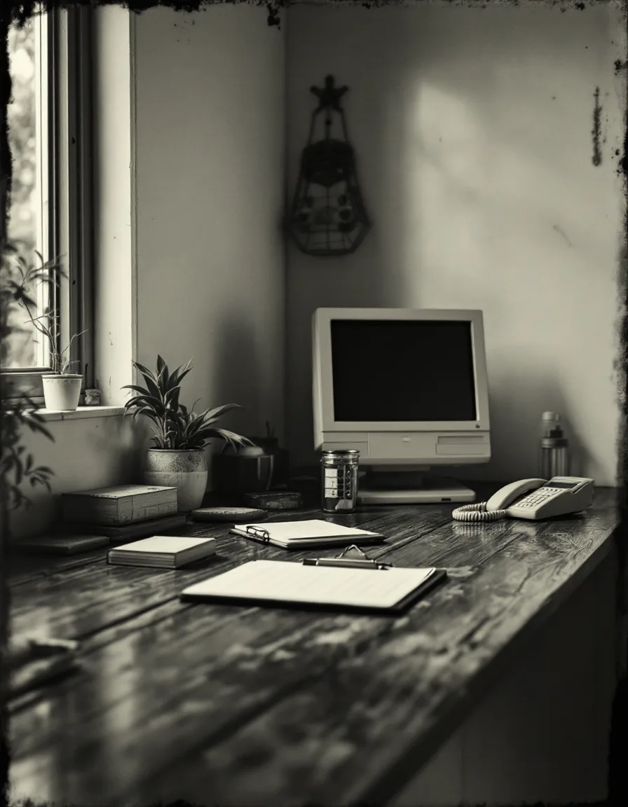 Antique tintype-style photo of a clinic reception desk with a clipboard, appointment book and monitor
